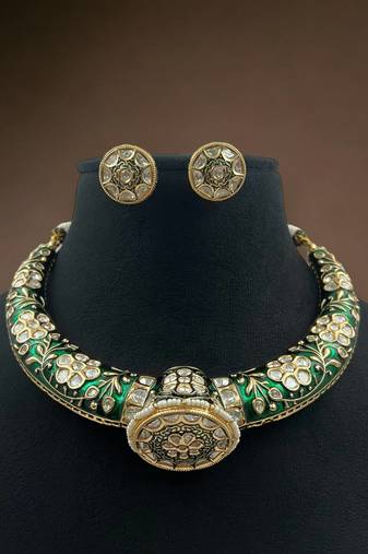 Elegant golden polish traditional meenakari kundan jadau polki hasli, necklace with earrings set jewelry
