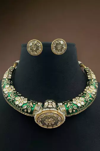 Elegant golden polish traditional meenakari kundan jadau polki hasli, necklace with earrings set jewelry by treemoda