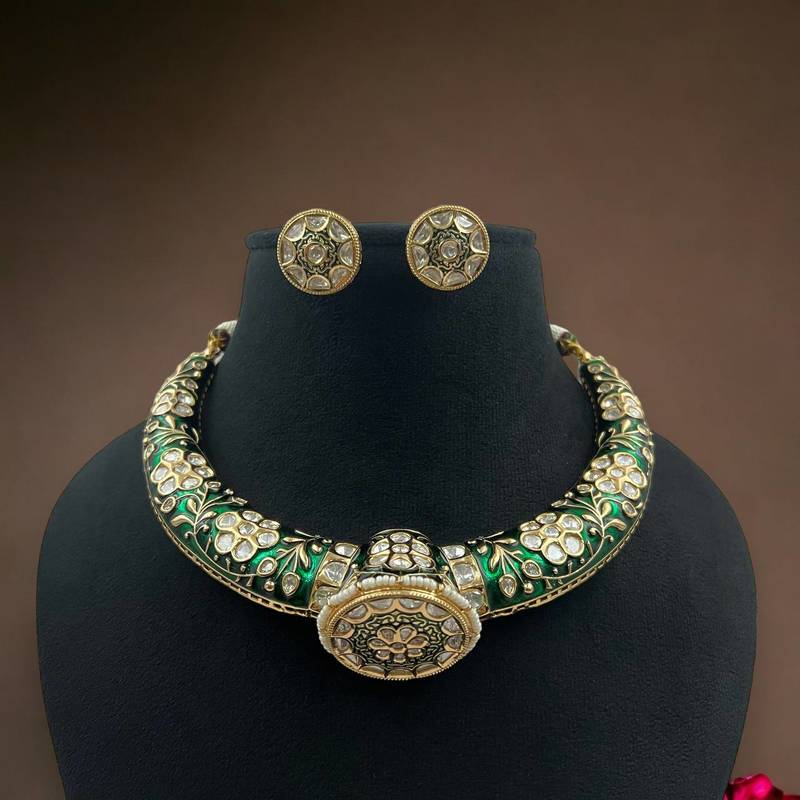 Elegant golden polish traditional meenakari kundan jadau polki hasli, necklace with earrings set jewelry by treemoda