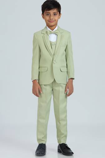 sequence suit set full sleeves blazer, shirt, pant and waist coat with bow tie - pgreen