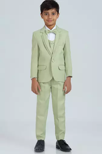 sequence suit set full sleeves blazer, shirt, pant and waist coat with bow tie - pgreen