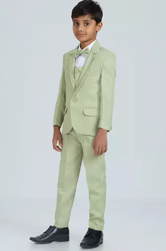 sequence suit set full sleeves blazer, shirt, pant and waist coat with bow tie - pgreen