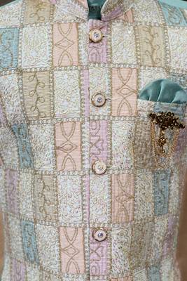 Boys cotton silk geometric patchwork embroidered kurta set- teal blue 6