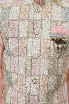 Boys cotton silk geometric patchwork embroidered kurta set- blush peach 6