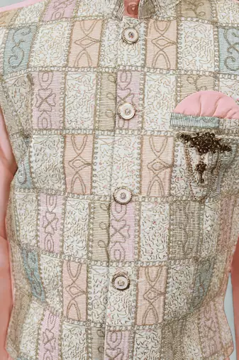 Boys cotton silk geometric patchwork embroidered kurta set- blush peach