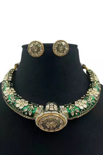 Elegant golden polish traditional meenakari kundan jadau polki hasli, necklace with earrings set jewelry