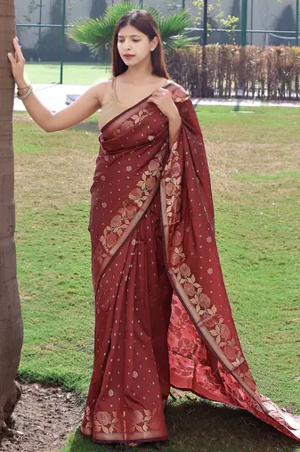 Maroon printed silk blend saree with blouse