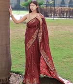 Maroon printed silk blend saree  with blouse