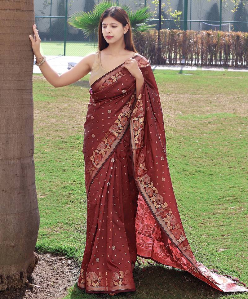 Maroon printed silk blend saree with blouse