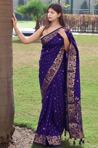 Blue printed silk blend saree with blouse