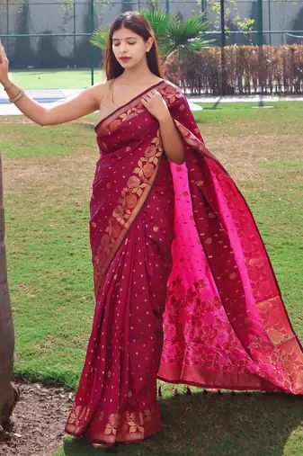 Pink printed silk blend saree with blouse