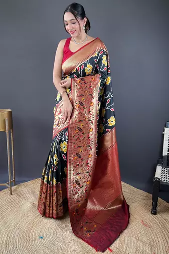 Blood red self design embellished silk blend saree with blouse 