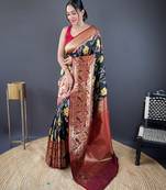 Blood red self design embellished silk blend saree with blouse 