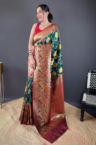 Green self design embellished silk blend saree  with blouse  
