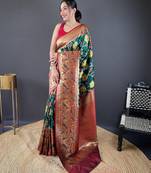 Green self design embellished silk blend saree  with blouse  