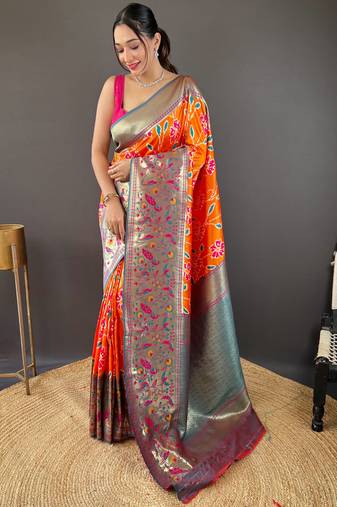 Orange self design embellished silk blend saree with blouse 