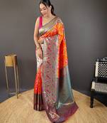 Orange self design embellished silk blend saree  with blouse  