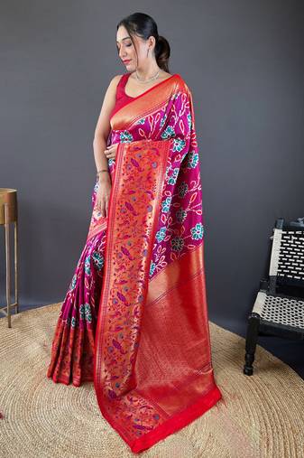 Pink self design embellished silk blend saree with blouse 