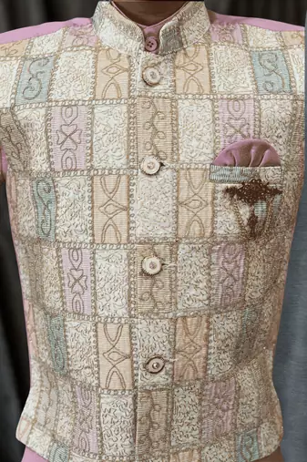 Boys cotton silk geometric patchwork embroidered kurta set- lilac