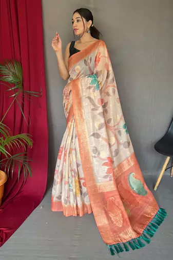 Orange embellished self design silk blend saree with blouse