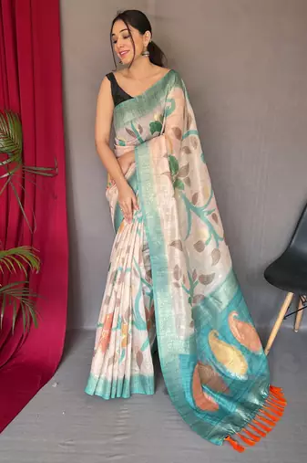 Green embellished self design silk blend saree with blouse
