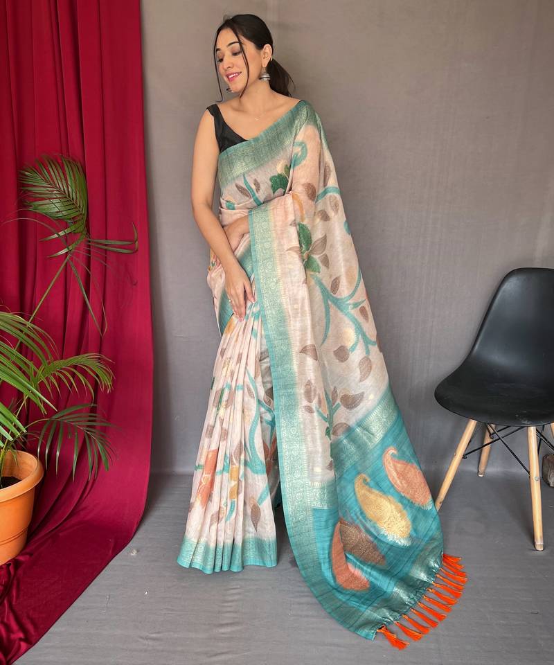 Green embellished self design silk blend saree with blouse