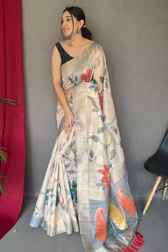 White embellished self design silk blend saree with blouse