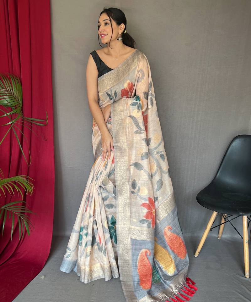 White embellished self design silk blend saree with blouse