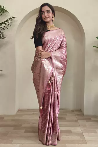 Pink embellished self design silk blend saree with blouse  