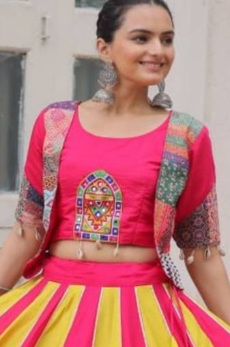 multicolor Roman Maslin Crochet Print Gotta lace embellished lehenga choli