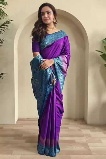 Green embellished woven silk blend saree with blouse 