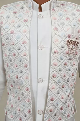 Boys cotton silk geometric sequined leaf motif embroidered sherwani set- multicolor