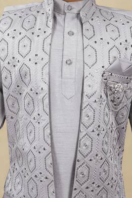 Boys cotton silk geometric sequined floral embroidered kurta shrug set- lavender 6