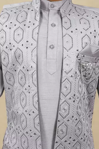 Boys cotton silk geometric sequined floral embroidered kurta shrug set- lavender