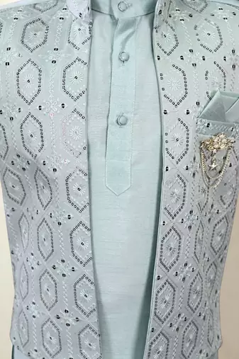 Boys cotton silk geometric sequined floral embroidered kurta shrug set- aqua blue