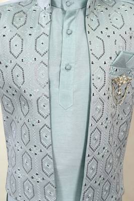 Boys cotton silk geometric sequined floral embroidered kurta shrug set- aqua blue 8