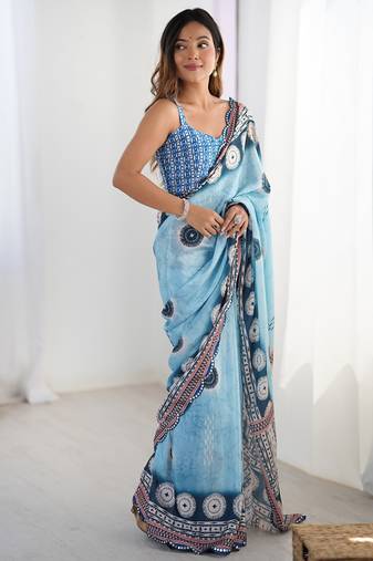 Sky blue chinon printed party wear saree