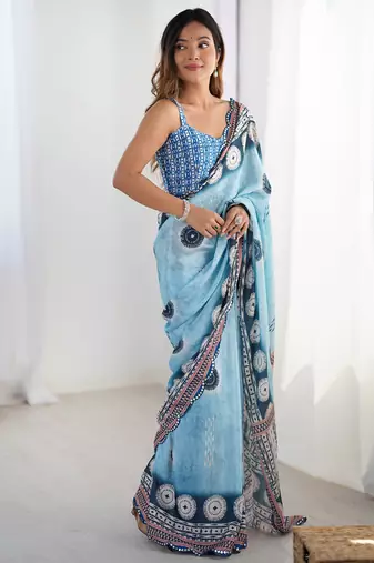 Sky blue chinon printed party wear saree