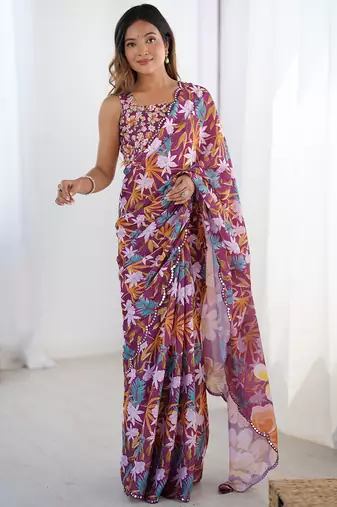 Wine chinon printed party wear saree