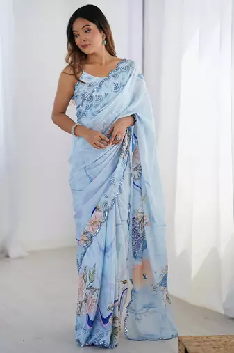 Light blue chinon printed party wear saree