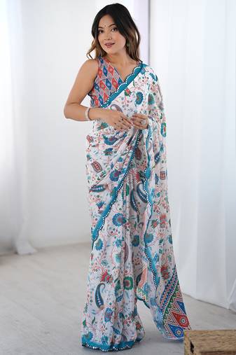 Off white chinon printed party wear saree