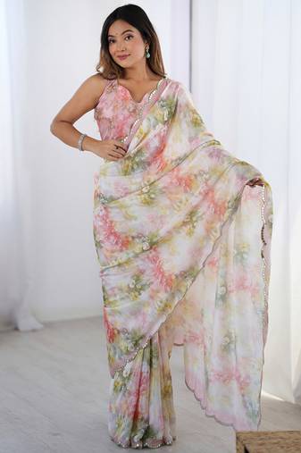 Off white chinon printed party wear saree