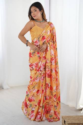 Yellow chinon printed party wear saree