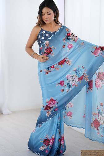 Light blue chinon printed party wear saree