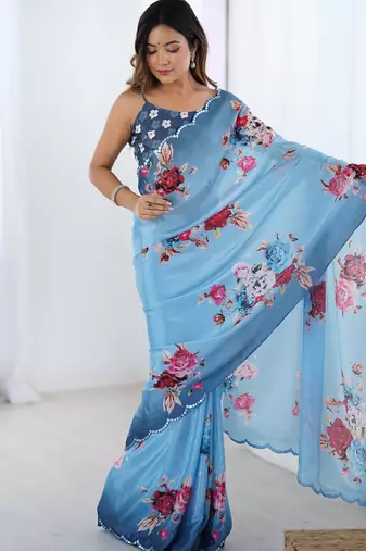 Light blue chinon printed party wear saree