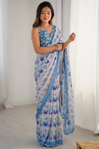 Off white chinon printed party wear saree