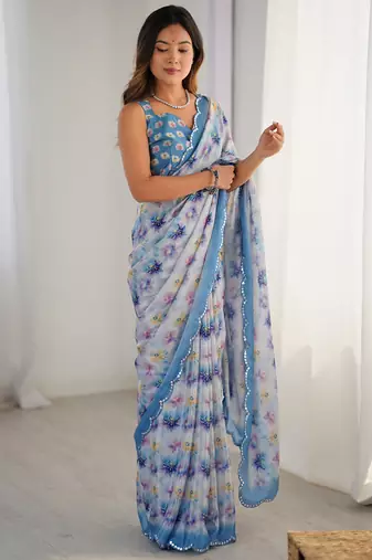 Off white chinon printed party wear saree