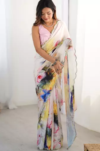 Off white chinon printed party wear saree