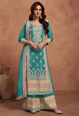 Turquoise embroidery & sequins work simar silk straight palazzo suit - free size stitching (size upto 42") 1