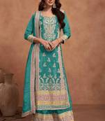 Turquoise embroidery & sequins work simar silk straight palazzo suit - free size stitching (size upto 42")